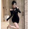 Neck purple long-sleeved dress women's autumn and winter pure desire sexy slim-fitting hip skirt one-word shoulder celebrity inner skirt