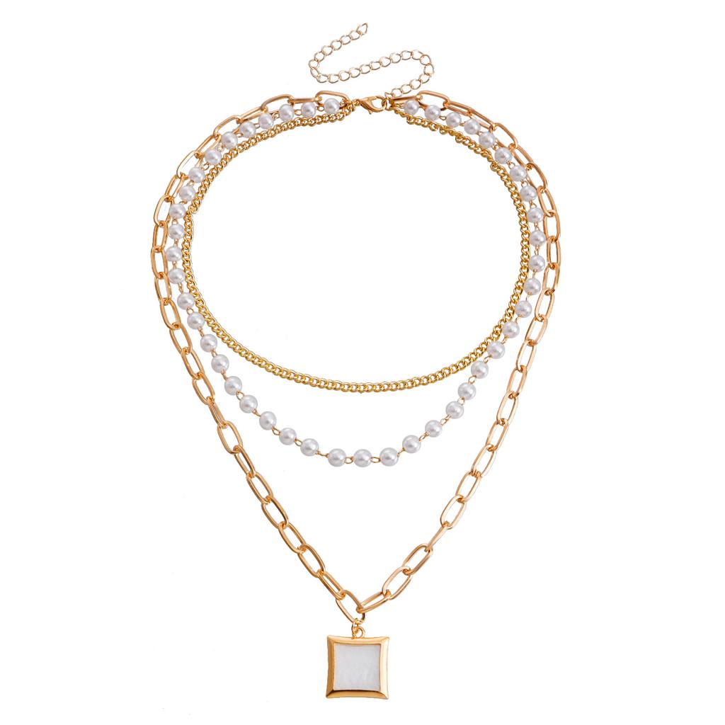 Versatile imitation pearl chain multi-layer necklace, simple retro square fritillary pendant necklace