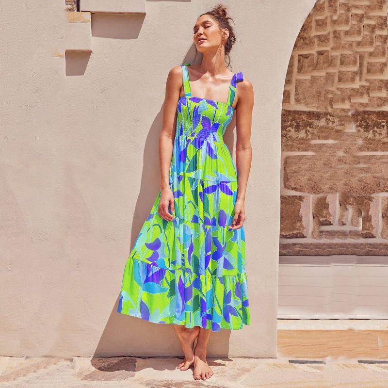 Vestido longo com estampa floral para mulheres, decote quadrado, cintura alta, sem mangas, vestido longo de verão, férias, praia, vestido respirável, fino, macio e confortável