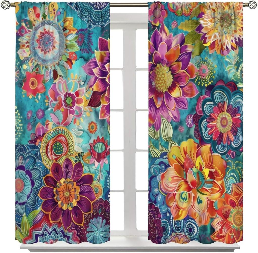 Bohemian Boho Floral Curtains Vintage Abstract Oil Painting Colourful Art Medieval Hippy Plant Flower Window Treatments Drapes Made Of Polyester