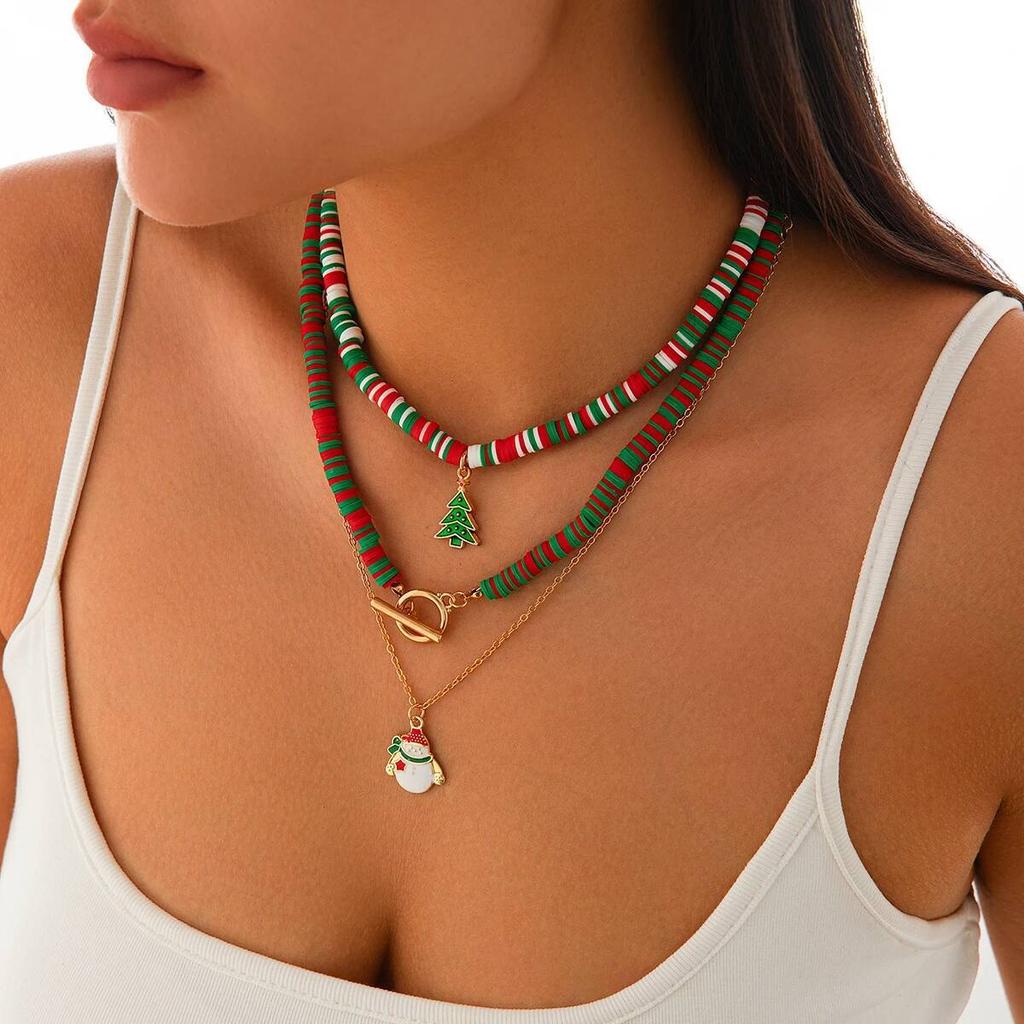 KunJoe 3Pcs/Set 2026  Christmas Tree Snowman Pendant Necklace Women Polymer Clay Red Green Beaded Choker Christmas Gift