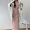 Autumn 2025 Pink Suede Cheongsam with Large Inverted Sleeves – Modern Chinese Style for Women