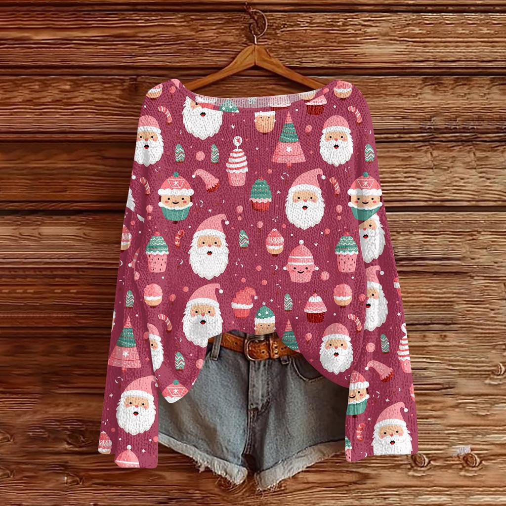 Women's Fashion Christmas Print Lightweight Sweater Casual Long-Sleeve Knit Pullover Top