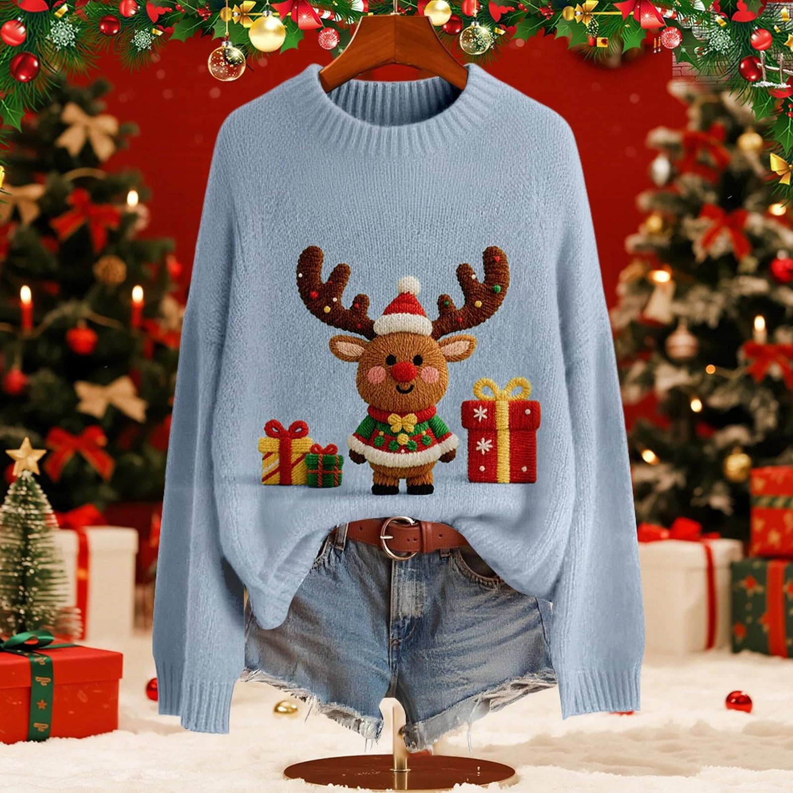 

Женский модный пуловер с рождественским принтом, с длинным рукавом и вырезом под горло, вязаный свитер-топ L