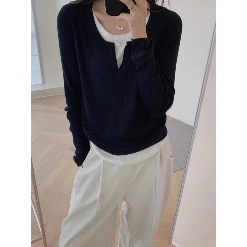Soft waxy collar fake two-piece contrasting sweater women's knitted bottoming shirt spring age-reducing long-sleeved top tide