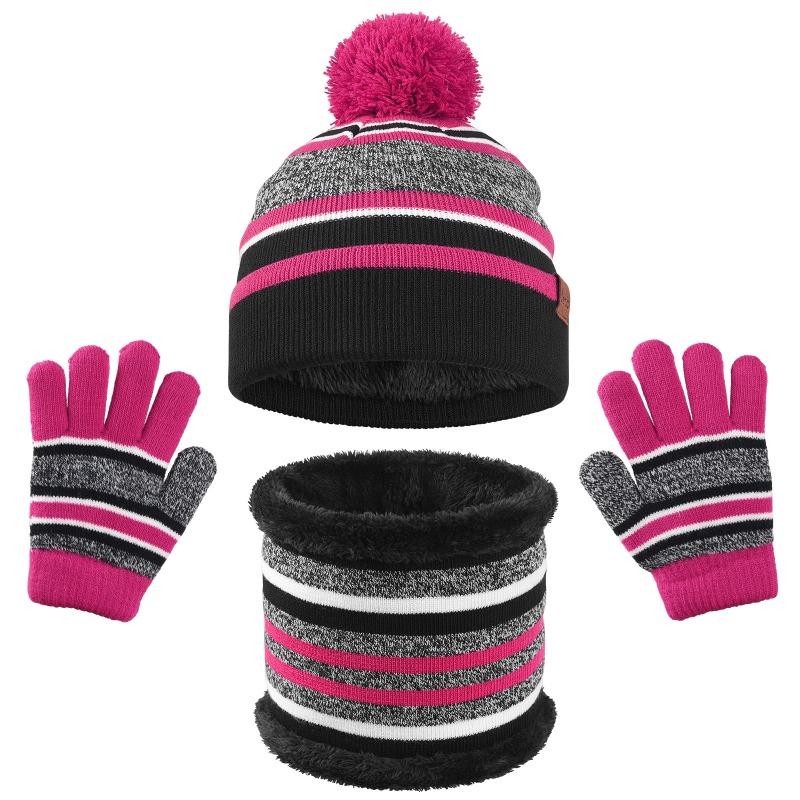 Children's Hat, Scarf, Gloves, Three Piece Set, Boys' and Girls' Winter Thick Warm Striped Knitted Hat Set