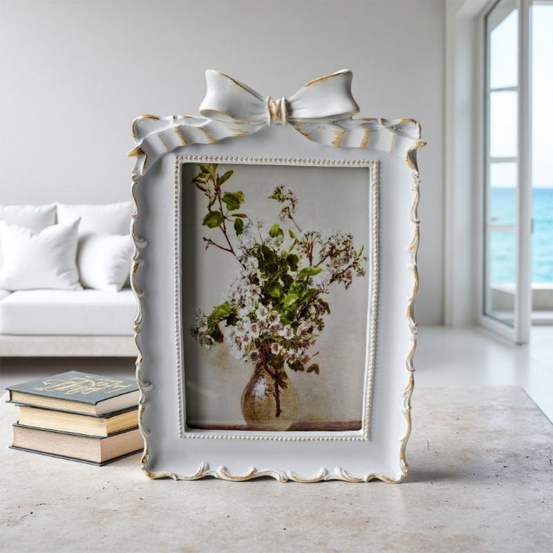 Decorative Tabletop Photo Frame with Antique Bowknot Detail, Resin Portrait Frame for Shelf Styling and Home Accent