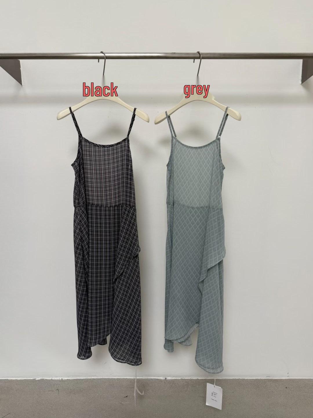 Korean Style Plaid Gauze Camisole Dress - Medium-Length Layered Vest with Irregular Design One Size чёрный
