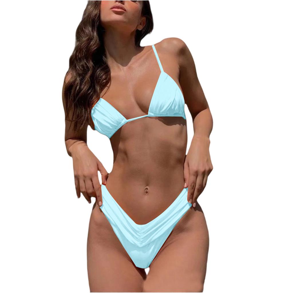 Women's Color Sexy Pleated Strappy Two,Piece Bikini Set