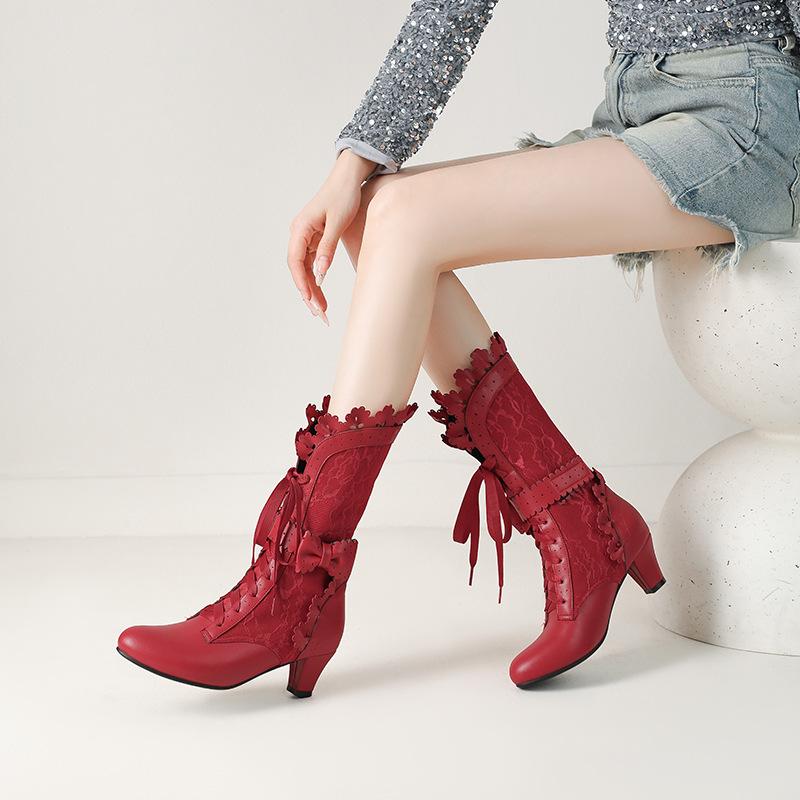 Elegantes Botas de Encaje Quemado con Lazo para Mujer con Cordones Botas de Caballero de Altura Media Botas de Tacón Alto 33-43 Botas de Talla Grande