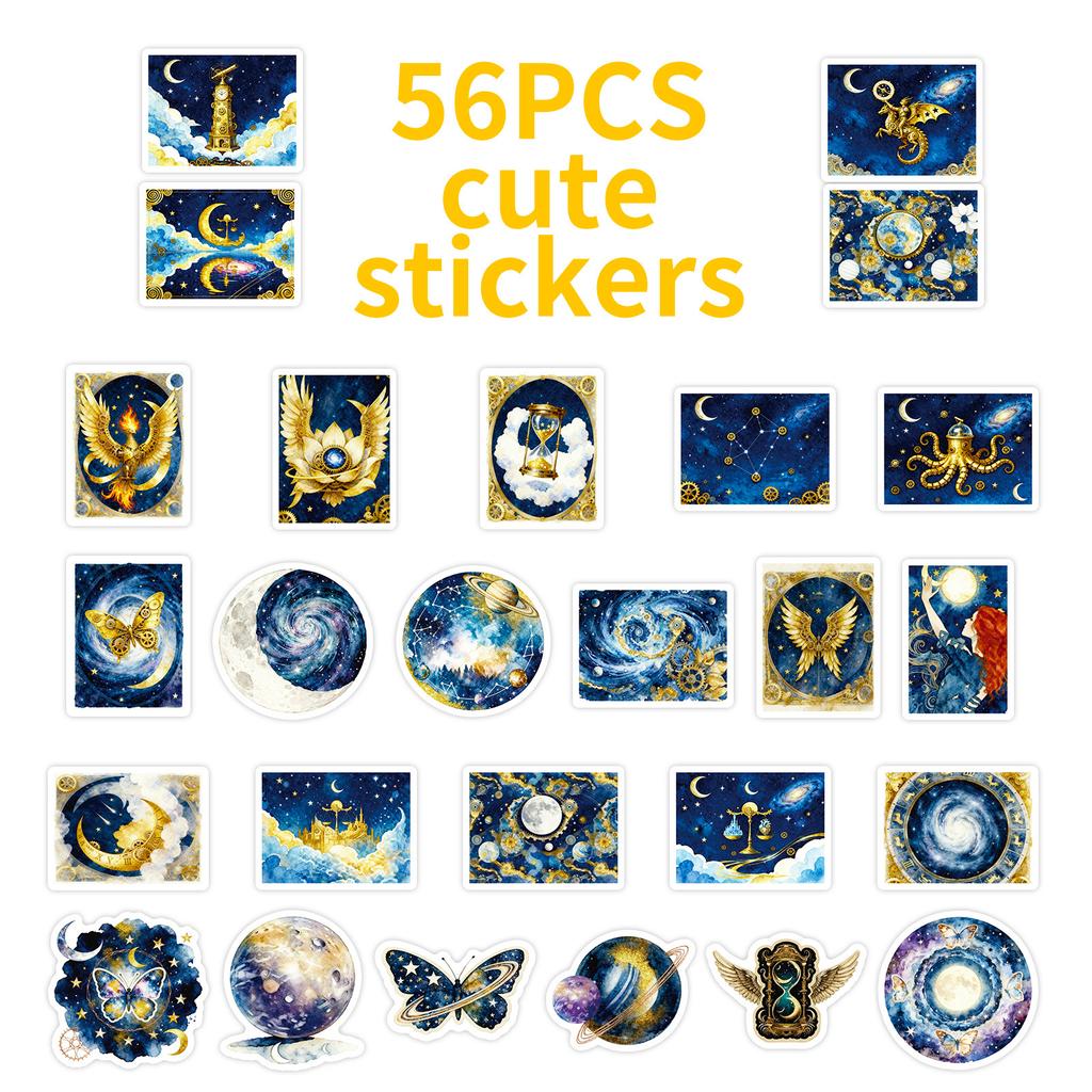 56 Fantasy Starry Sky Blue And Gold Stickers Universe Steampunk Style Creative Retro Fantasy Decorative Stickers