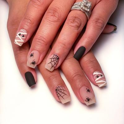24pcs Matte Medium Square Fake Nails, Nude Pink Press On Nails With Spider Web Mummy Design, Sweet Cool False NailsDecor