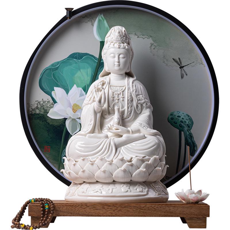 White Ceramic Lotus Guanyin Buddha Statue Incense Burner with Lamp for Home Decor