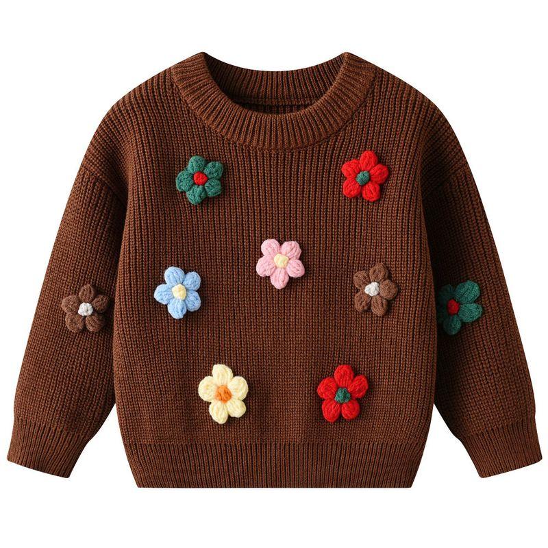 Autumn and Winter Children's Knitted Sweater, Cute Handmade Floral Cardigan for Girls, Long-Sleeved Round-Neck Jacket
