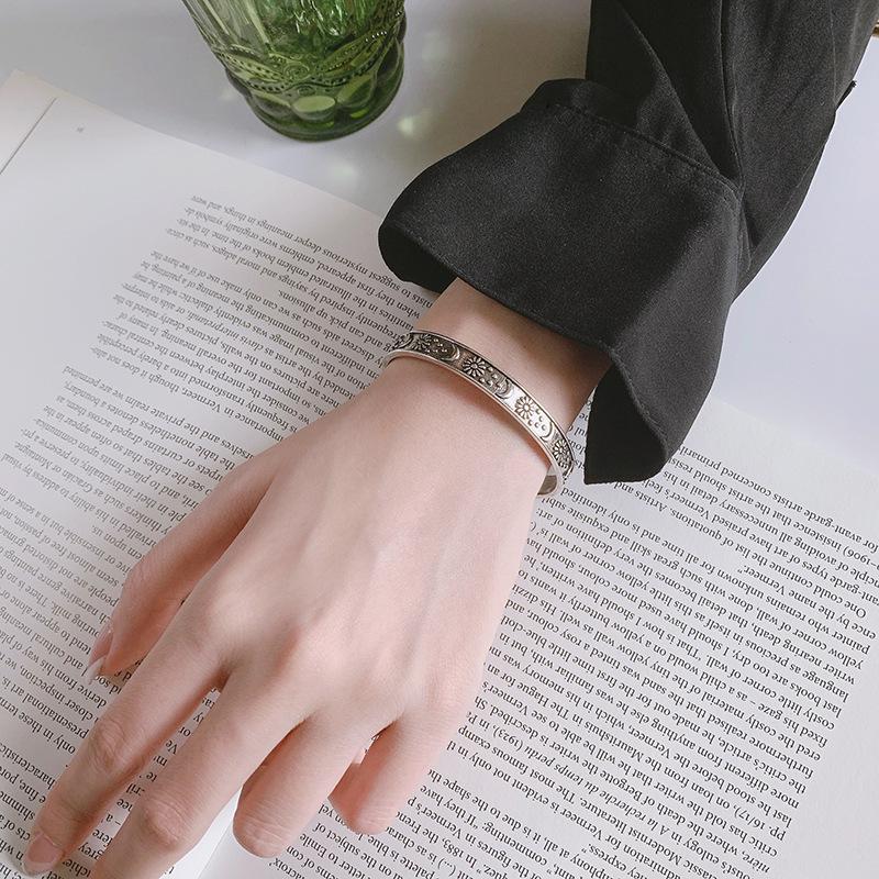 Retro Star & Moon Flower Open Bangle for Women