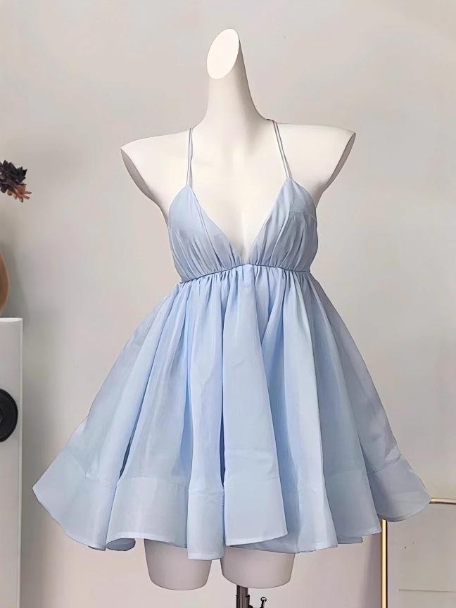 2025 European Open Back Lace-up Ruffle Hem Vacation Dress L синий