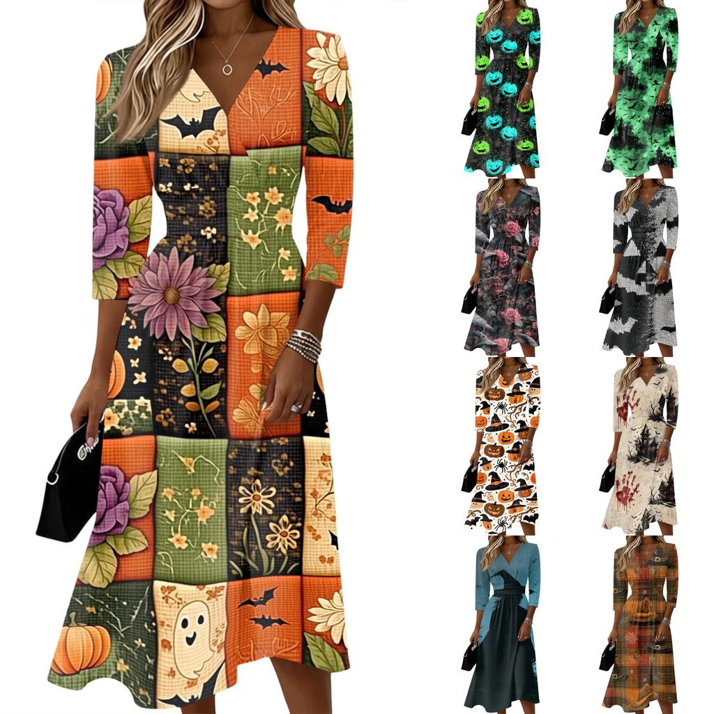 Women's Casual Three-Quarter Sleeve V-Neck Dress with Back Zipper for Everyday Wear