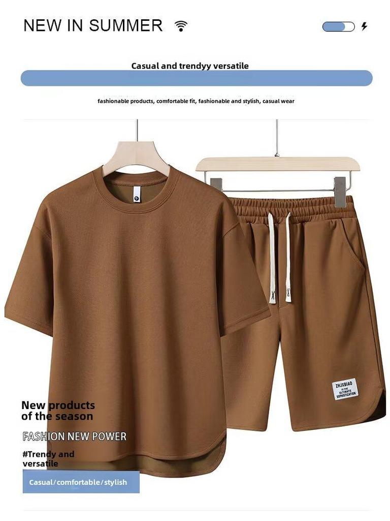 Summer 2024 Men's Solid Color Short-Sleeve Japanese Trend T-Shirts Set