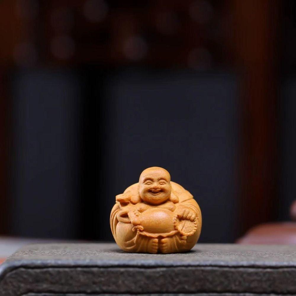 Miniature Laughing Buddha Maitreya Sculpture Wooden Mini Handmade Statue Woodcarving Buddha Statue Craft Gift