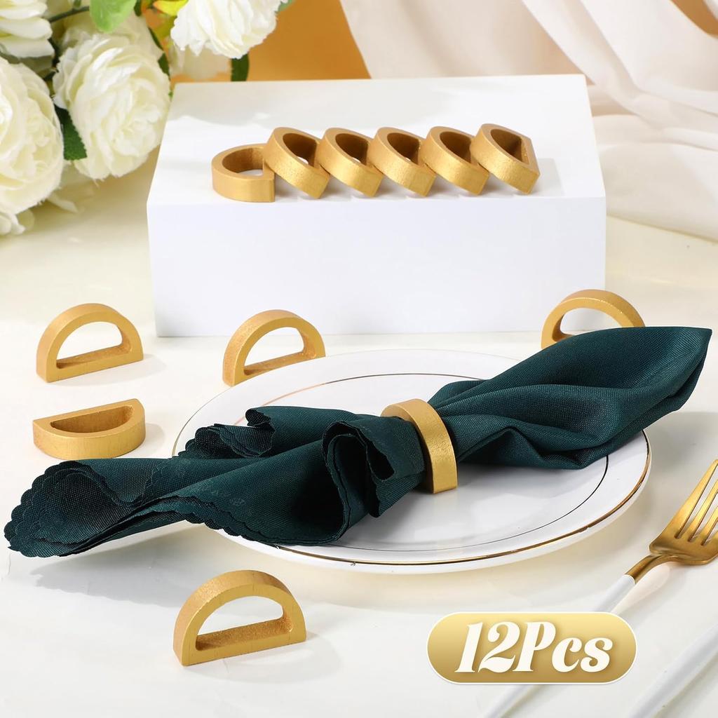 LemonRoad 12 Pcs Gold Napkin Rings Set Wooden Napkin Holders Handmade Dining Buckles Farmhouse Semicircle Serviette Ring Bulk for Table Decoration