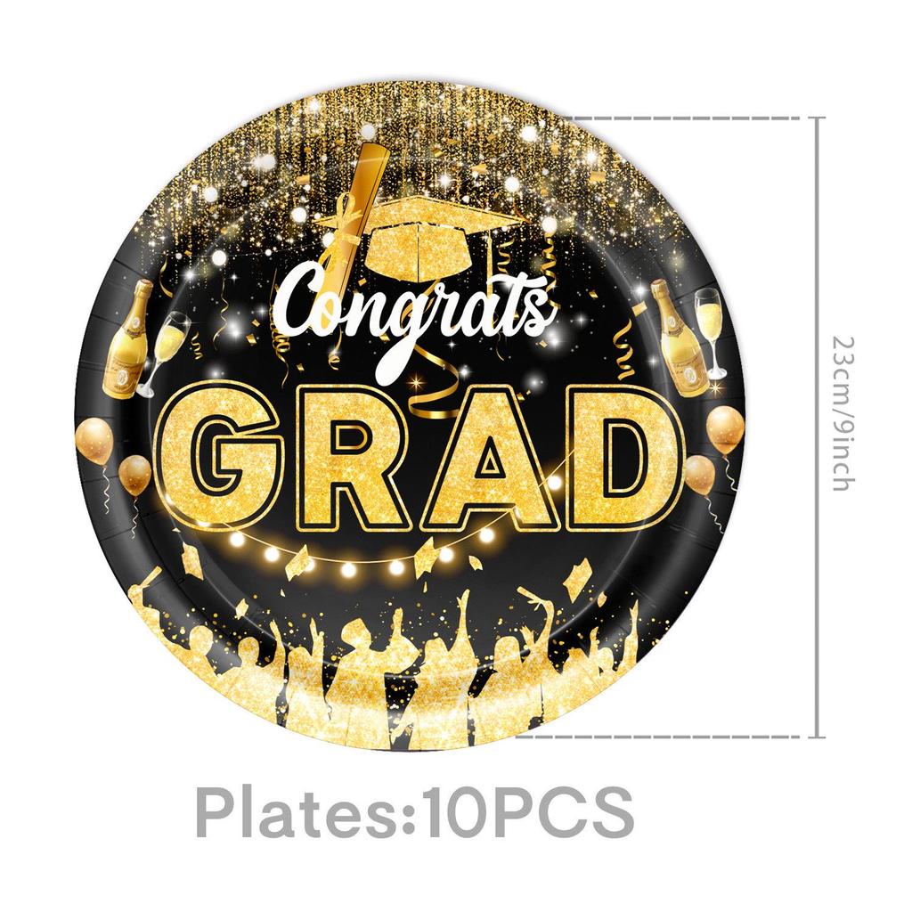 2026 Black & Gold Graduation Party Supplies: Paper Plates, Pull Flags, & Napkins.