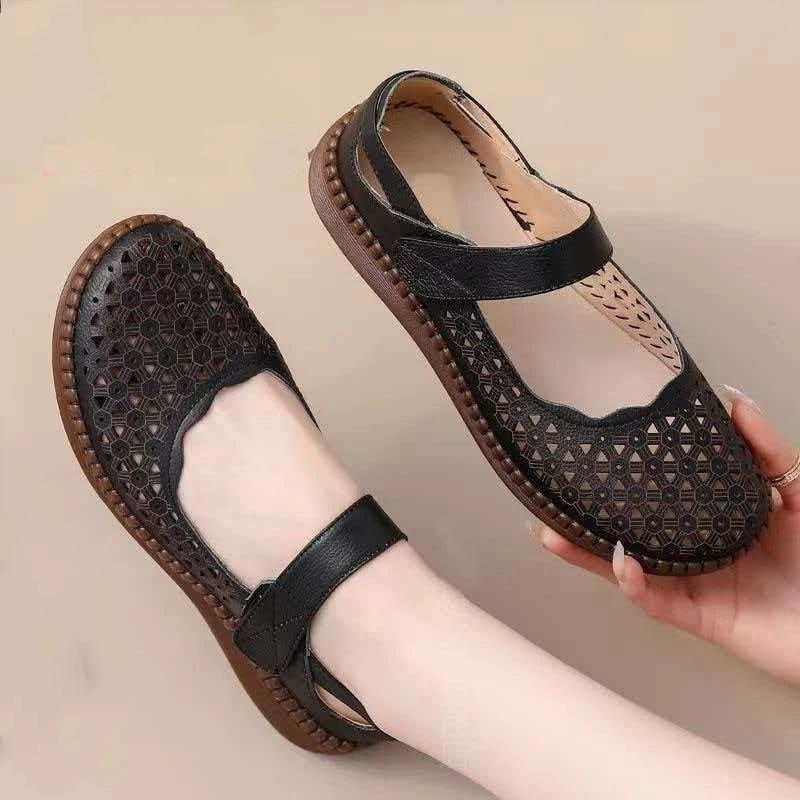 Genuine Leather Sandals, Tendon Soles, Breathable, Non-slip, Middle-aged And Elderly Mother's Shoes, Women's Soft Soles, Anti-odor Hollow Holes Shoes