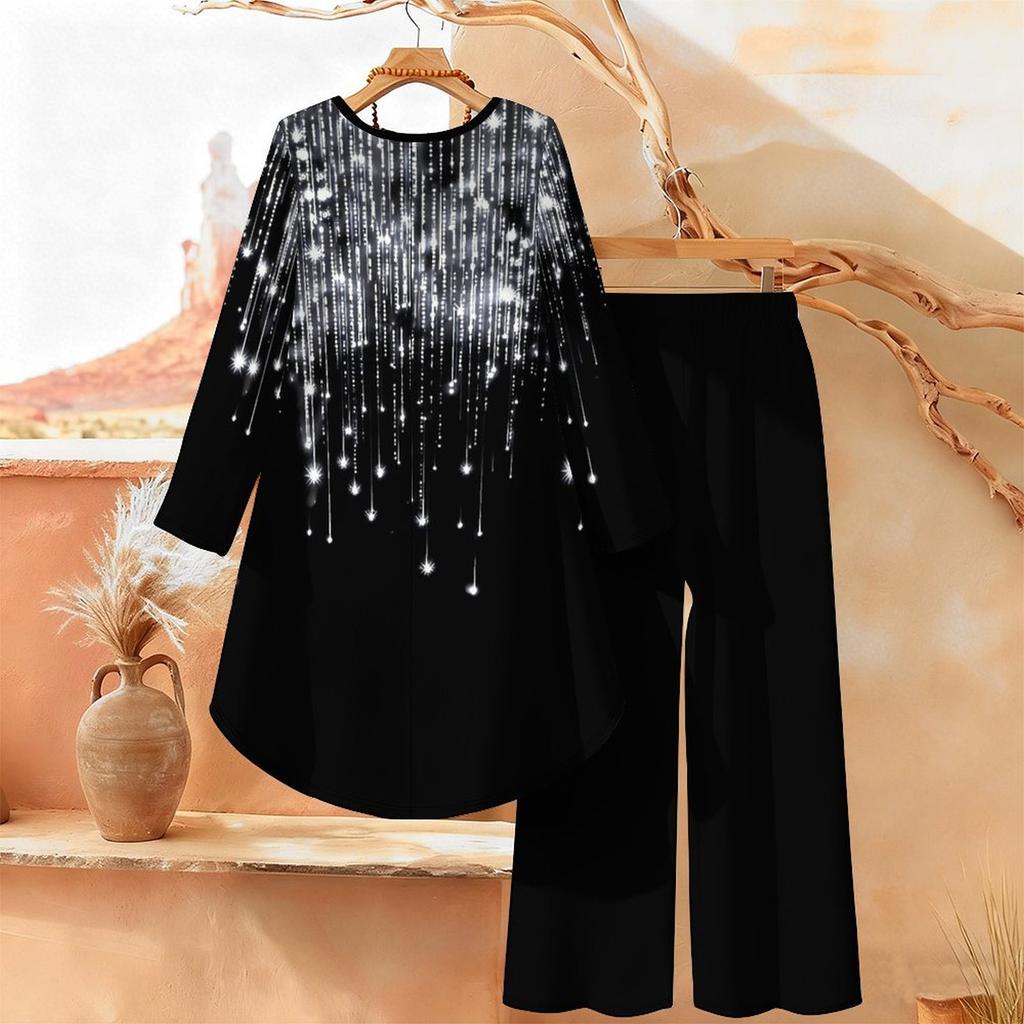 Geometric Print Two Piece Outfit Women Long Sleeve Irregular Hem Tunic Top Wide Leg Pants Casual Matching Set