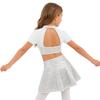 Set da Ballo per Bambina Top Corto e Gonna con Paillettes Lucide, Collo Alto, Maniche Corte, Patchwork in Rete, Schiena Scoperta