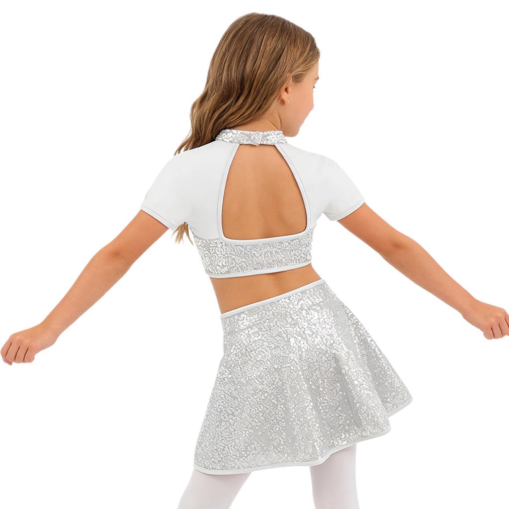 Set da Ballo per Bambina Top Corto e Gonna con Paillettes Lucide, Collo Alto, Maniche Corte, Patchwork in Rete, Schiena Scoperta