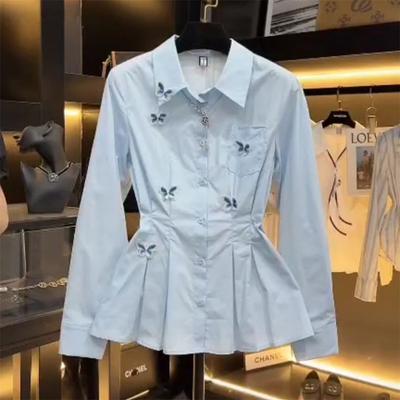 Women's Butterfly Embroidered Shirt Lapel Long Sleeve Waist Cinched Ruffled Hem Button Down Blouse