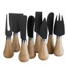 Black Stainless Steel Cheese Knife Set with Rubber Wood Handles - Includes Knife, Fork, and Spatula