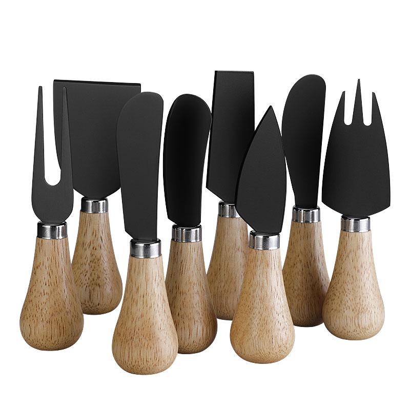Black Stainless Steel Cheese Knife Set with Rubber Wood Handles - Includes Knife, Fork, and Spatula