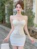9823 Sexy Waist-Cinching Slimming Camisole Dress with Low-Cut Mesh Splice and Irregular Tight Bodycon Mini Skirt