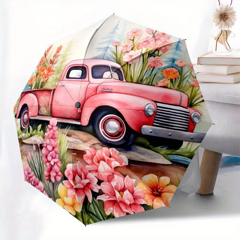 Vintage Pink Truck with Flowers Garden Art Print Poster Umbrella, Christmas Gift Y184