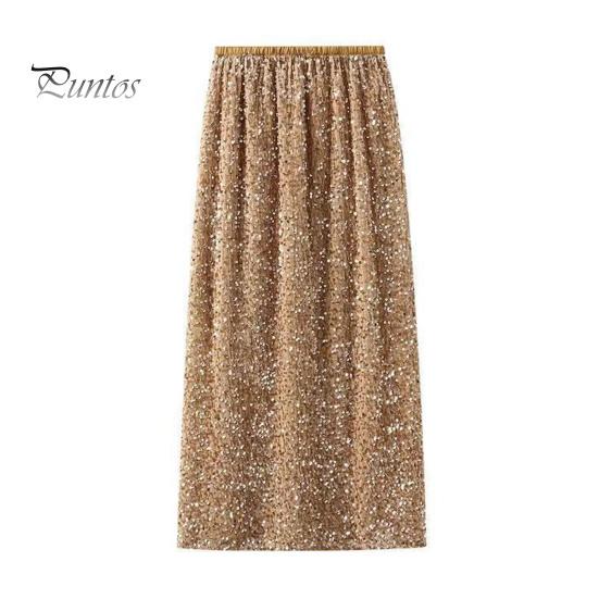 Solid Color Skirt Women Shiny Sequin Decoration Midi Elastic Soft Fabric High Waist Back Slit Design Beach Weddings Comfortable