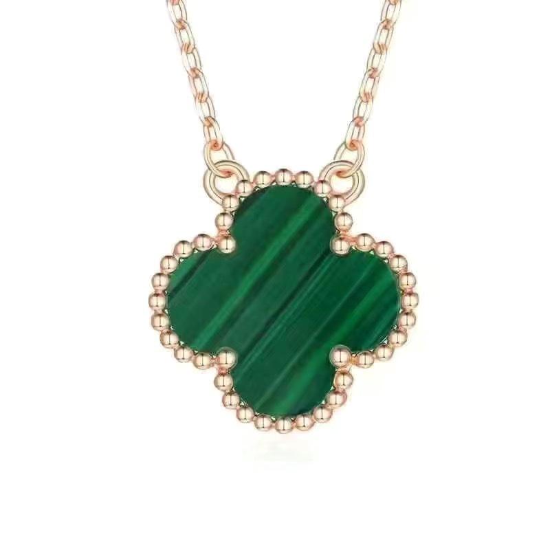 18K Gold-Plated V Design Four-Leaf Clover Necklace with Rose Red Chalcedony, Agate, and White Shell Pendant