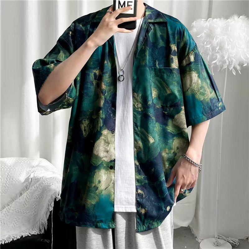 Men's Hip Hop Retro Cat Print Short Sleeve Shirt