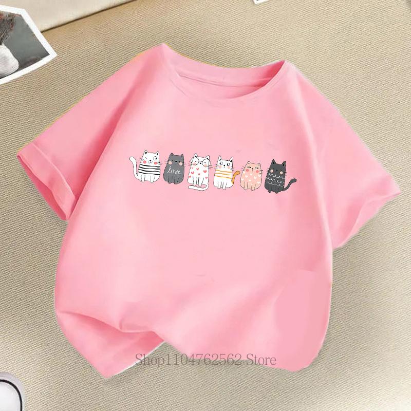 Cute Cat Print Children T-shirts Summer Girls Boys Casual Fashion Kawaii Short Sleeve Tops O-Neck Colorful Kids T-shirts