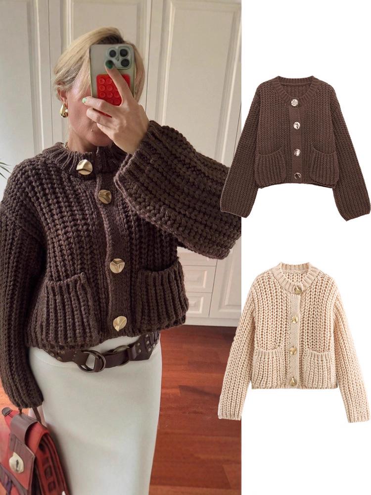 Women's European/American Style Thick Knit Pocket Button Cardigan Sweater, Autumn/Winter.