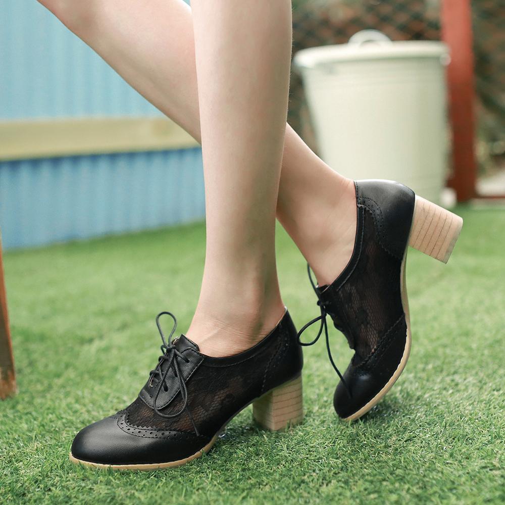 Fashion 2025 New Women Lace Mesh Breathable Pumps Shallow Brogue Shoes Ladies Vintage Oxford Shoes Lace-Up Chunky High Heels Female34-43