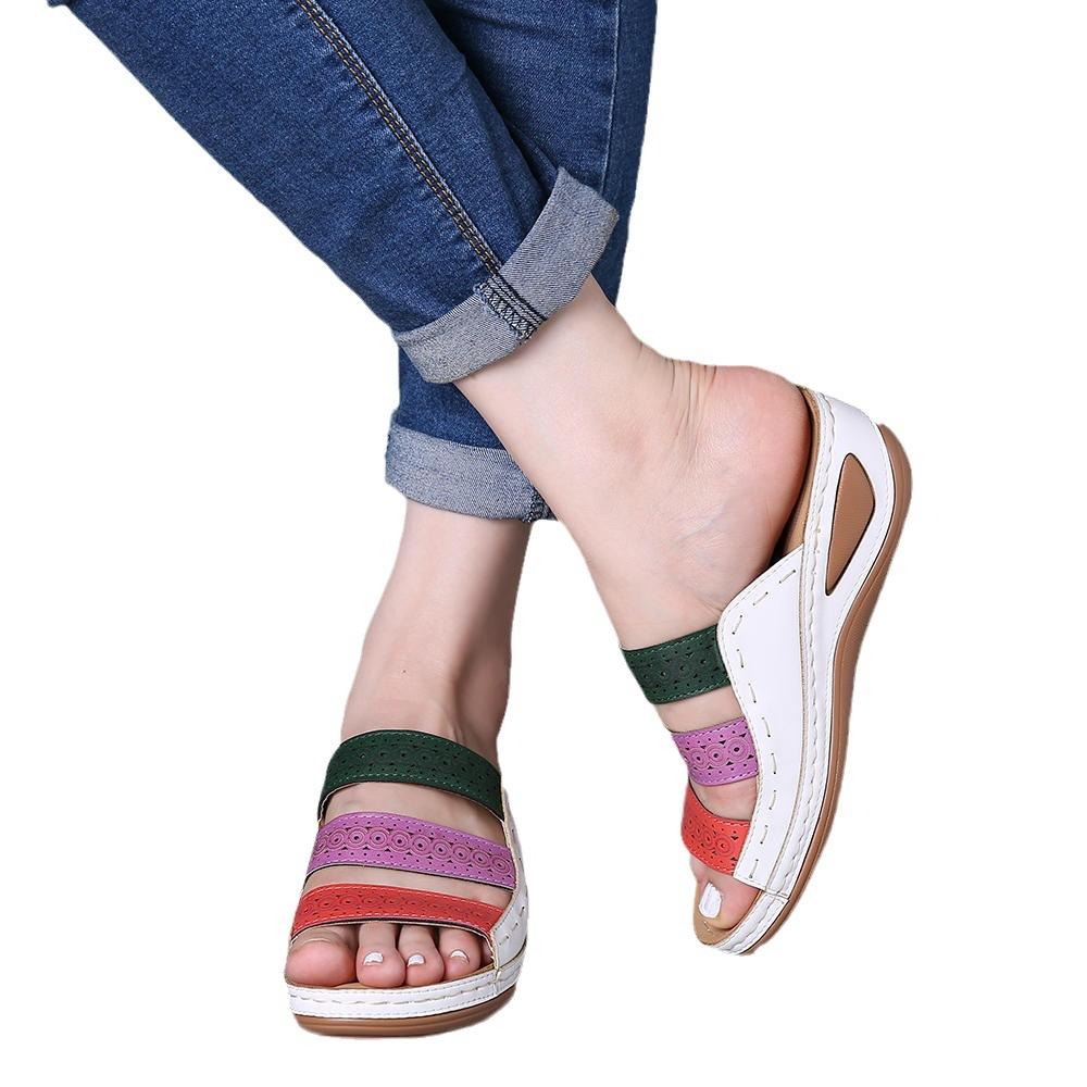 Summer color matching European and American casual foot cover hollow slope heel into one-character slippers women's sandals