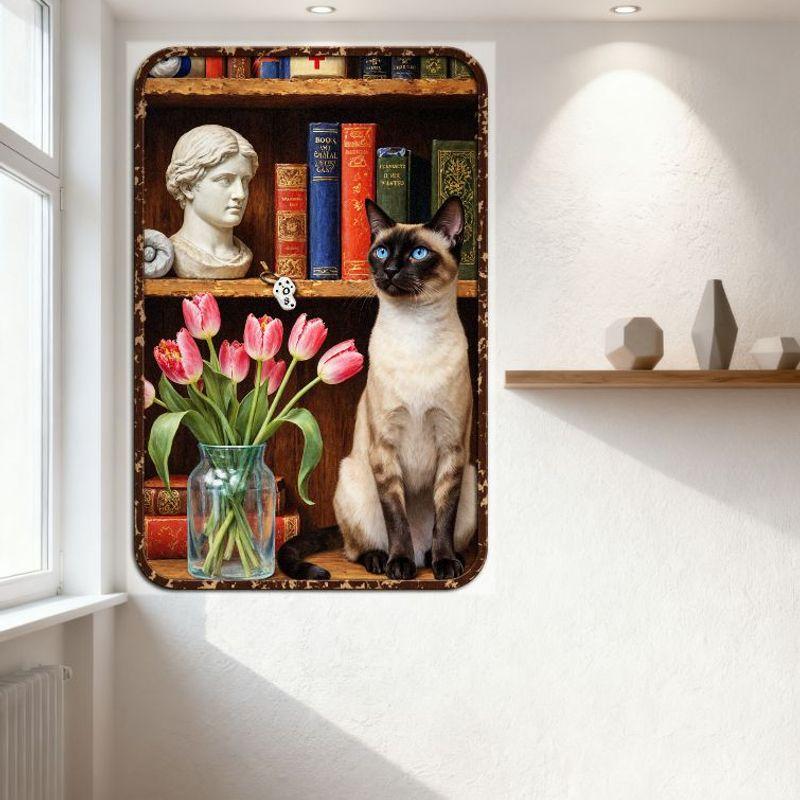Vintage Wooden Bookshelf with Cat & Tulips Tin Sign Retro Metal Poster for Home Bar Cafe Wall Decor 8x12 Inch