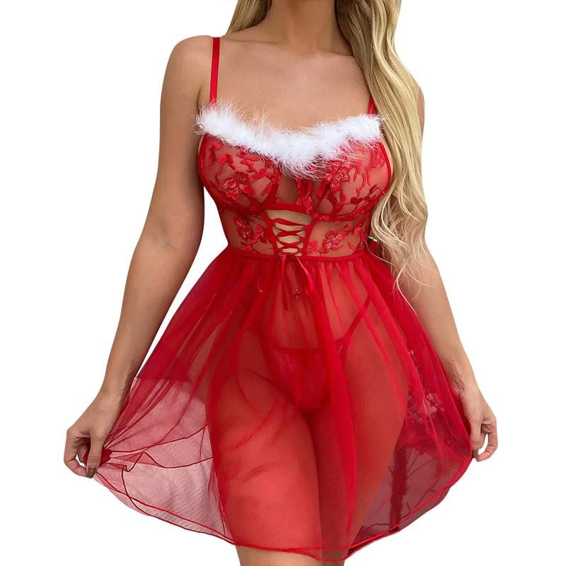 1Pc Feather Halter Dress Sexy Dress Fashion Red Christmas Costume Lace