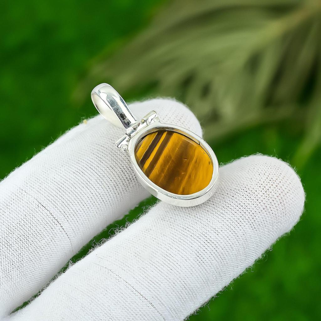Natural Tiger Eye Gemstone Pendant Yellow 925 Sterling Silver Indian Jewelry