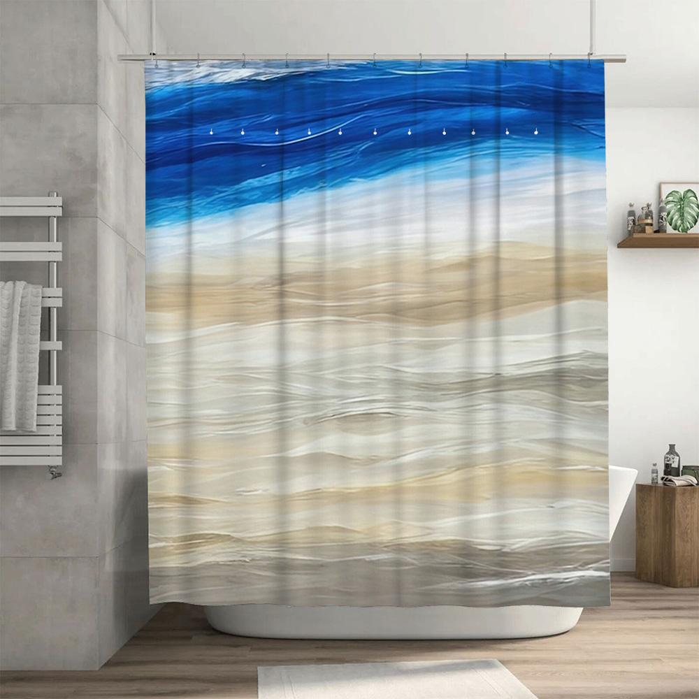 Blauer und weißer abstrakter Duschvorhang mit Strandszene zur Badezimmerdekoration Bedruckter Duschvorhang Wasserdichter Stoff Größe 180X200