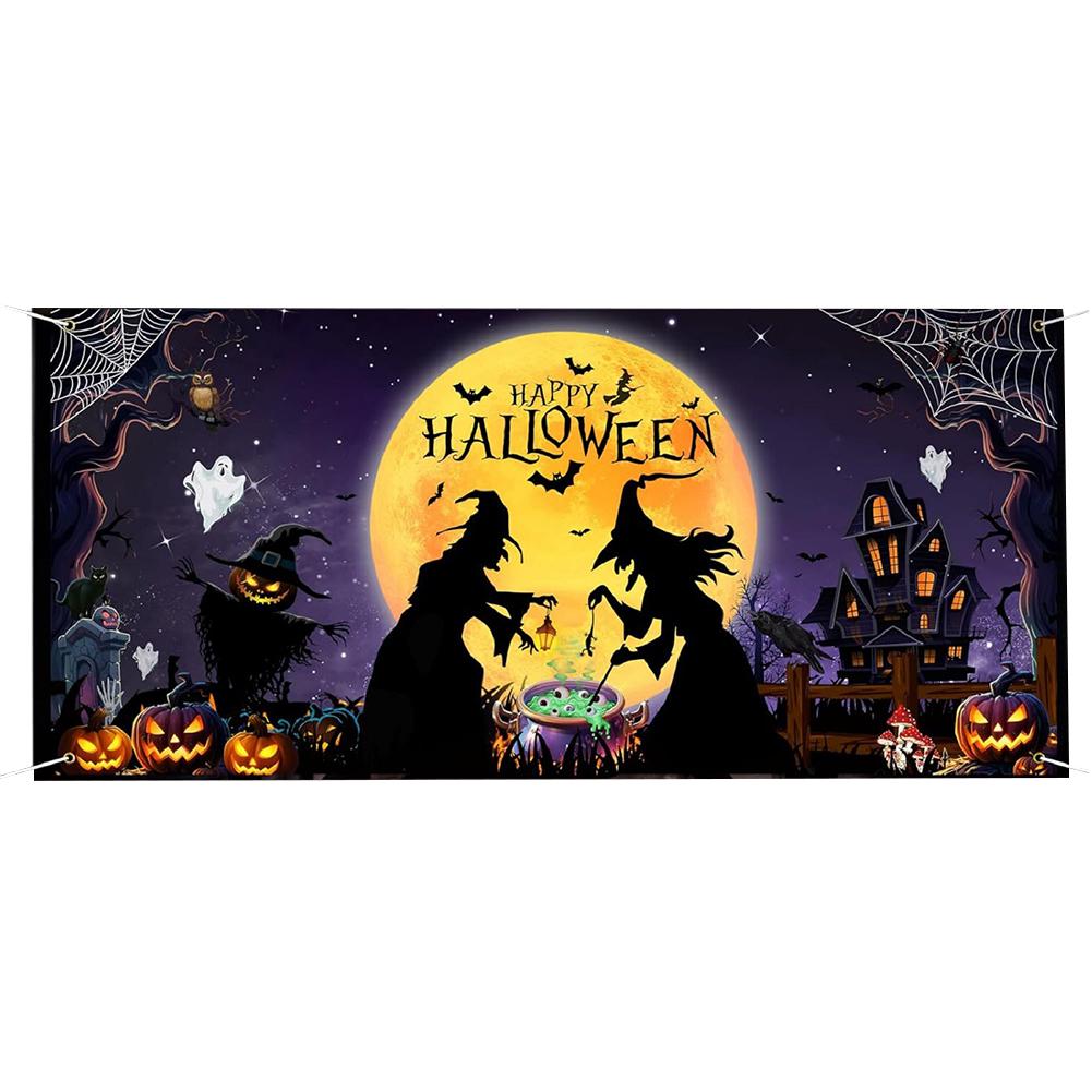 8x7 Ft Halloween Garage Door Banner Hanging Backdrop Garage Door Cover Misty Forest Pumpkin Lantern Scene 243x218 cm