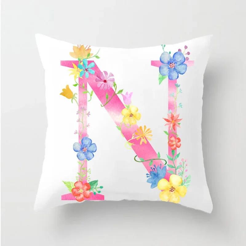 Flower 26 Letters Alphabet Decorative Cushion Cover Polyester Pillowcase Throw Pillow Cover Home Decor Fundas De Cojin 45X45Cm
