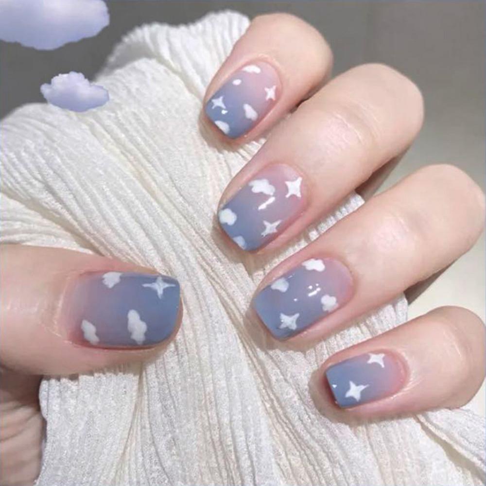 24Pcs Short Square Fake Nails Cloud Star Pattern Full Cover Press On Nail Tips Manicure Art
