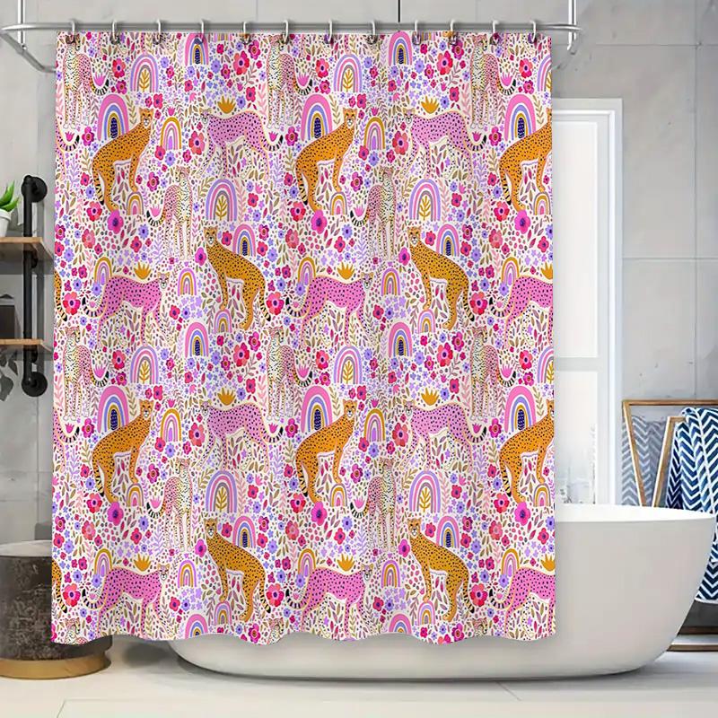 

Boho Floral Shower Curtain Wild Animal Pattern Bathroom Decor Nature Landscape Washable Fabric Home Decor W60H190(CM)-1 Pcs