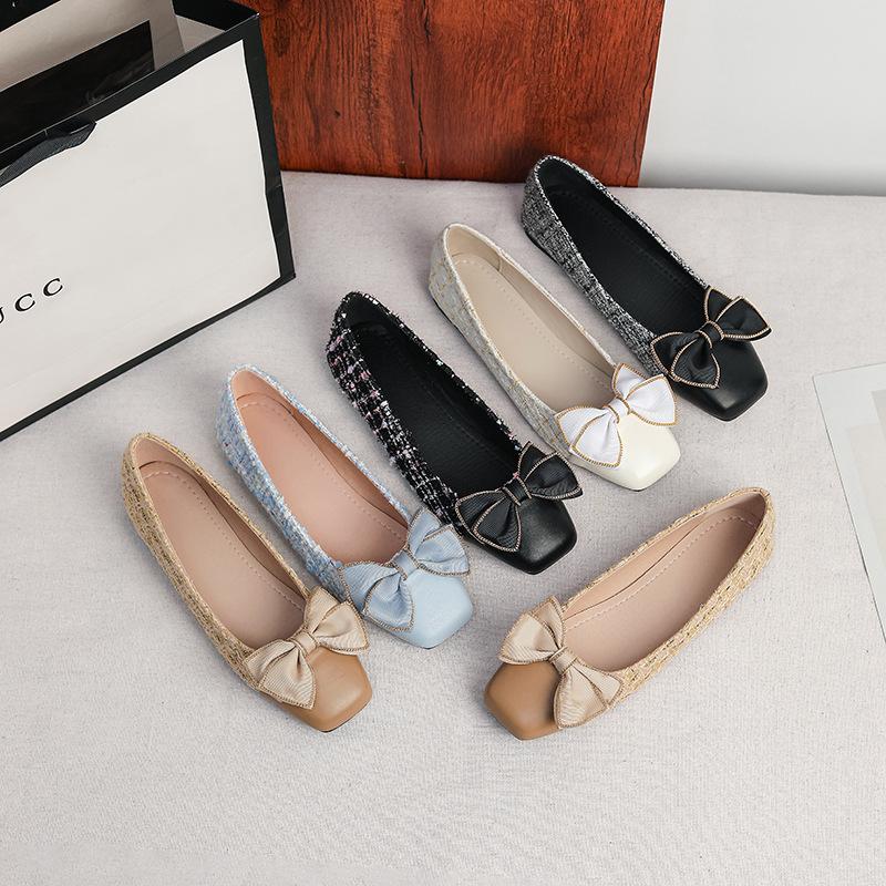 Plus Size 35-44 Women's Designer Flats Shoes Wedding Pumps Bow Knot Square Toe Low Heel Girls Slip On Dress Shoes